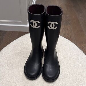 CHANEL Black Boots with White Emblem